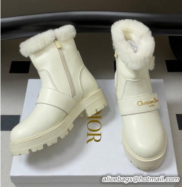 Stylish Dior DiorAlps D-Quest Ankle Boots in Calfskin Leather and Wool with Buckle Strap White DR121609 1216122