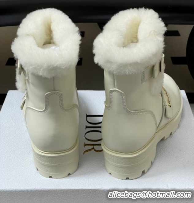 Stylish Dior DiorAlps D-Quest Ankle Boots in Calfskin Leather and Wool with Buckle Strap White DR121609 1216122