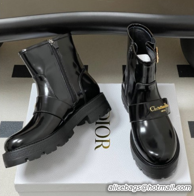 Perfect Dior DiorAlps D-Quest Ankle Boots in Shiny Calfskin with Logo Buckle Strap Black DR121609 1216123