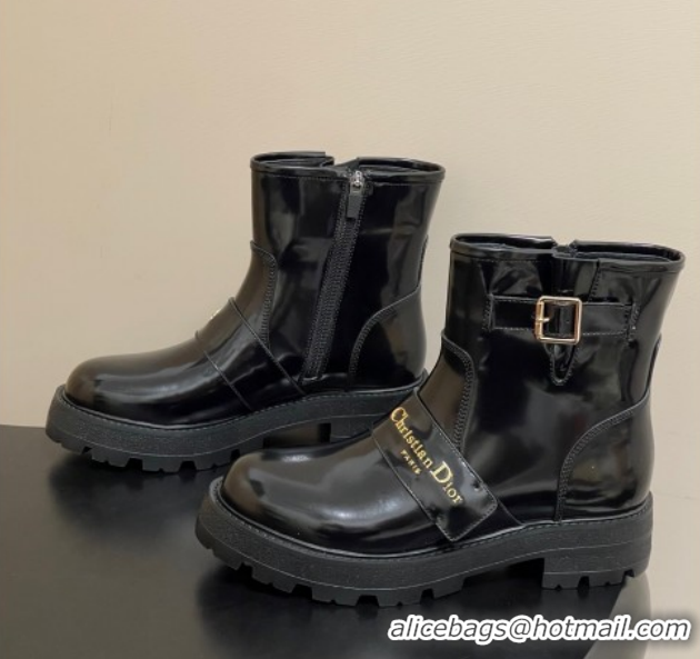 Perfect Dior DiorAlps D-Quest Ankle Boots in Shiny Calfskin with Logo Buckle Strap Black DR121609 1216123