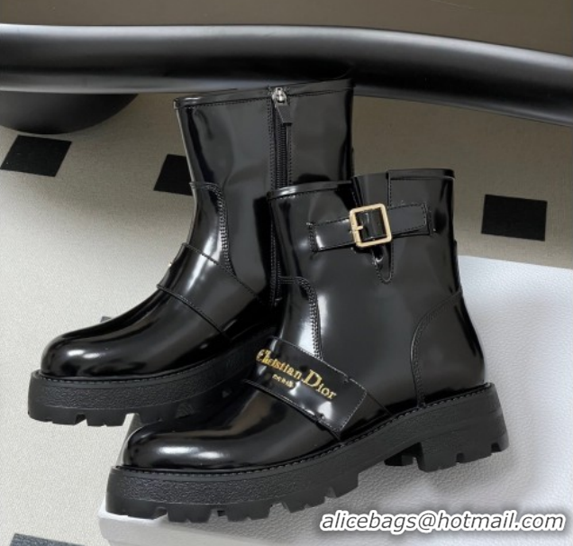 Perfect Dior DiorAlps D-Quest Ankle Boots in Shiny Calfskin with Logo Buckle Strap Black DR121609 1216123