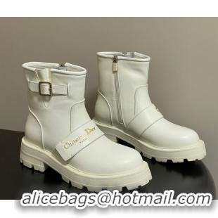 Best Product Dior DiorAlps D-Quest Ankle Boots in Calfskin Leather with Logo Buckle Strap White DR121609 1216125
