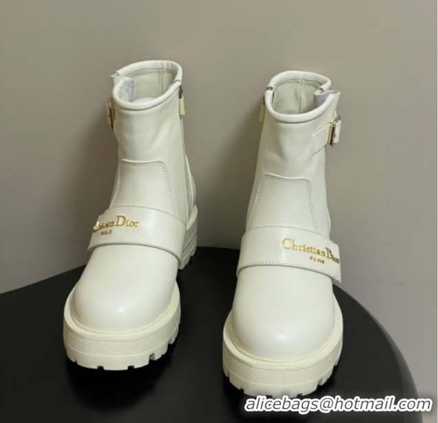 Best Product Dior DiorAlps D-Quest Ankle Boots in Calfskin Leather with Logo Buckle Strap White DR121609 1216125