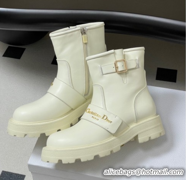 Best Product Dior DiorAlps D-Quest Ankle Boots in Calfskin Leather with Logo Buckle Strap White DR121609 1216125