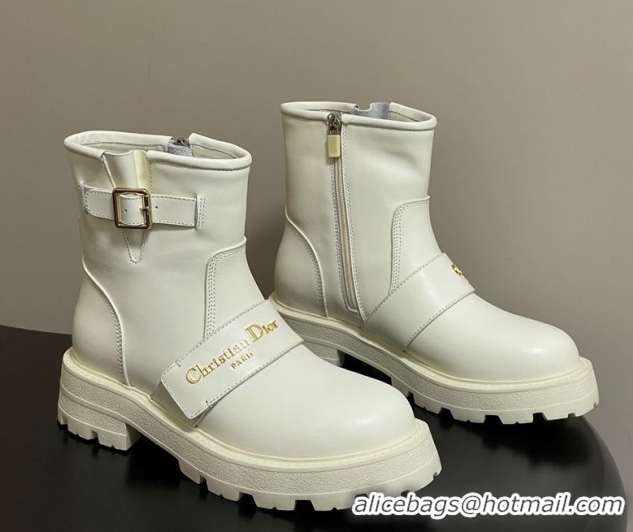 Best Product Dior DiorAlps D-Quest Ankle Boots in Calfskin Leather with Logo Buckle Strap White DR121609 1216125