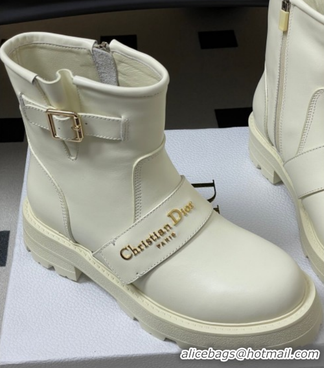 Best Product Dior DiorAlps D-Quest Ankle Boots in Calfskin Leather with Logo Buckle Strap White DR121609 1216125