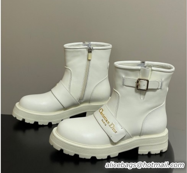 Best Product Dior DiorAlps D-Quest Ankle Boots in Calfskin Leather with Logo Buckle Strap White DR121609 1216125