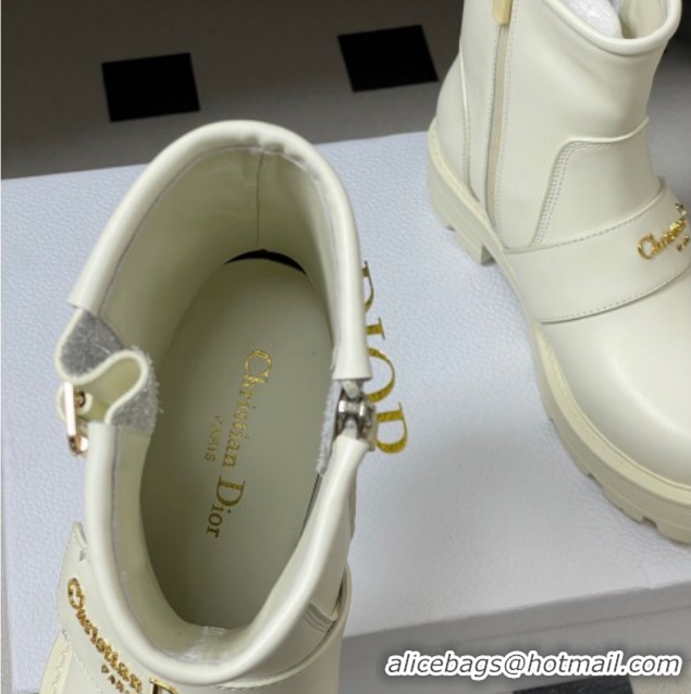 Best Product Dior DiorAlps D-Quest Ankle Boots in Calfskin Leather with Logo Buckle Strap White DR121609 1216125