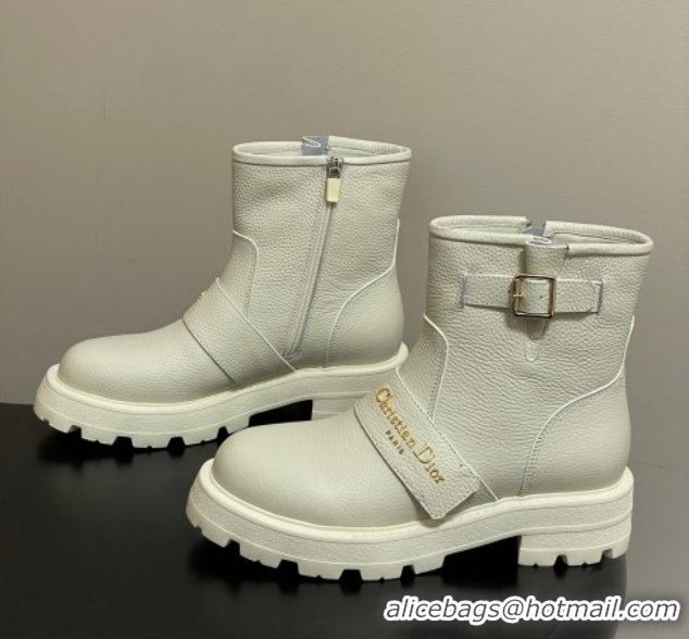 Best Price Dior DiorAlps D-Quest Ankle Boots in Grained Calfskin with Logo Buckle Strap White DR121609 1216127