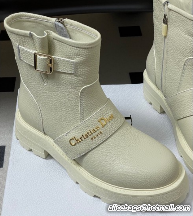 Best Price Dior DiorAlps D-Quest Ankle Boots in Grained Calfskin with Logo Buckle Strap White DR121609 1216127