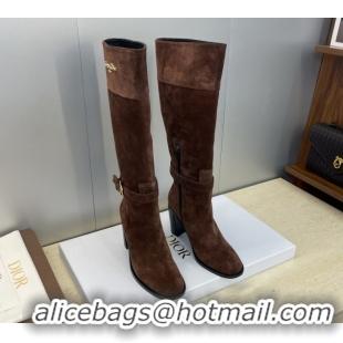 Best Grade Dior D-Town Heeled High Heeled Boots 8cm in Suede with Buckle Chocolate Brown 1216133