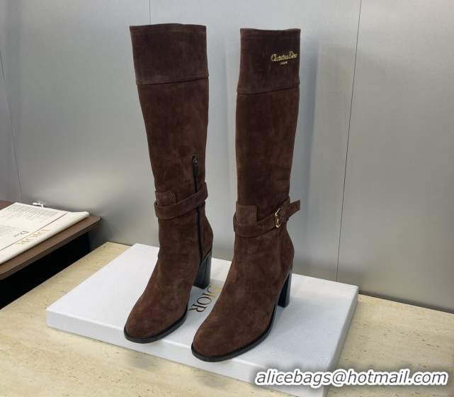 Best Grade Dior D-Town Heeled High Heeled Boots 8cm in Suede with Buckle Chocolate Brown 1216133