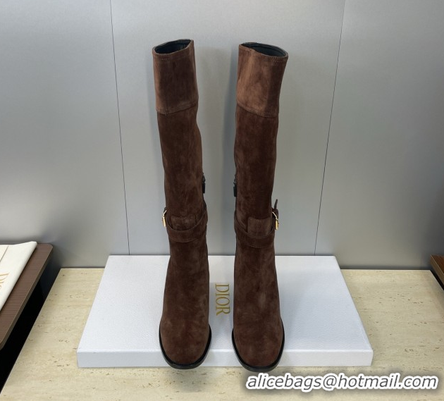 Best Grade Dior D-Town Heeled High Heeled Boots 8cm in Suede with Buckle Chocolate Brown 1216133