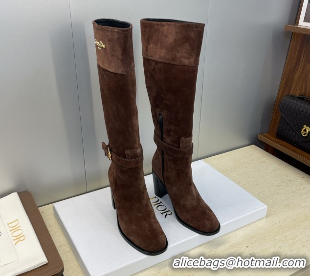 Best Grade Dior D-Town Heeled High Heeled Boots 8cm in Suede with Buckle Chocolate Brown 1216133