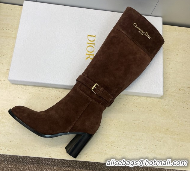 Best Grade Dior D-Town Heeled High Heeled Boots 8cm in Suede with Buckle Chocolate Brown 1216133