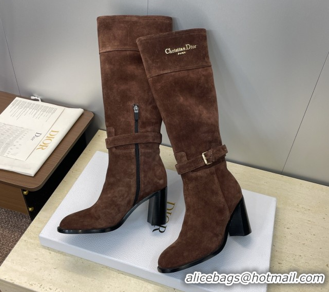 Best Grade Dior D-Town Heeled High Heeled Boots 8cm in Suede with Buckle Chocolate Brown 1216133