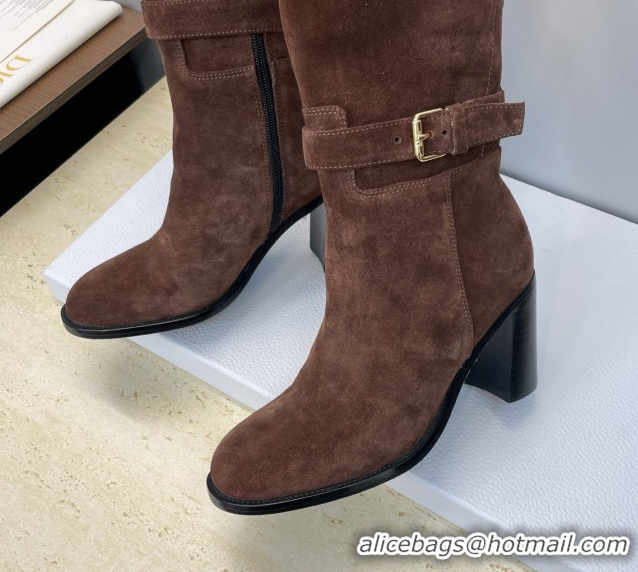 Best Grade Dior D-Town Heeled High Heeled Boots 8cm in Suede with Buckle Chocolate Brown 1216133