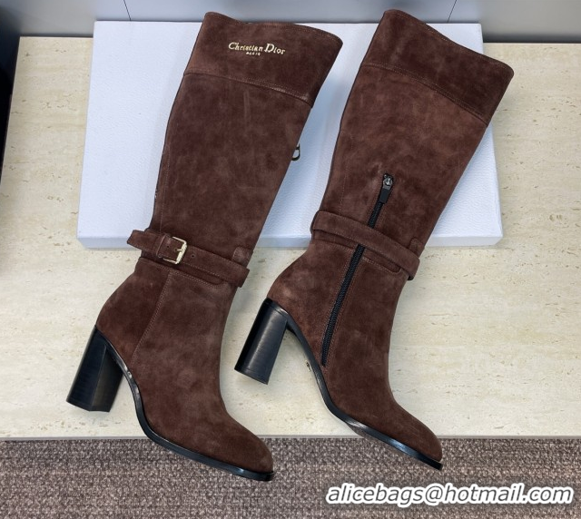Best Grade Dior D-Town Heeled High Heeled Boots 8cm in Suede with Buckle Chocolate Brown 1216133