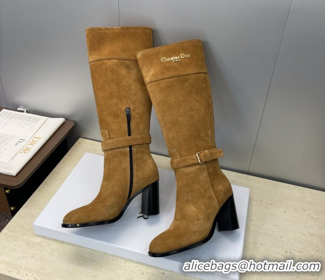 Best Product Dior D-Town Heeled High Heeled Boots 8cm in Suede with Buckle Tobacco Brown 1216135