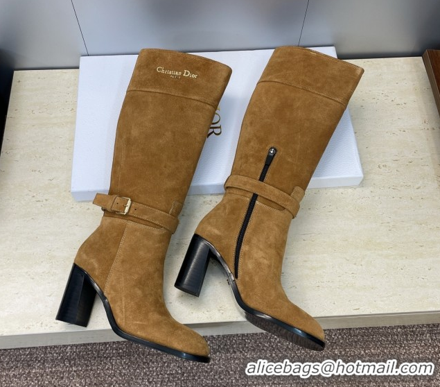 Best Product Dior D-Town Heeled High Heeled Boots 8cm in Suede with Buckle Tobacco Brown 1216135