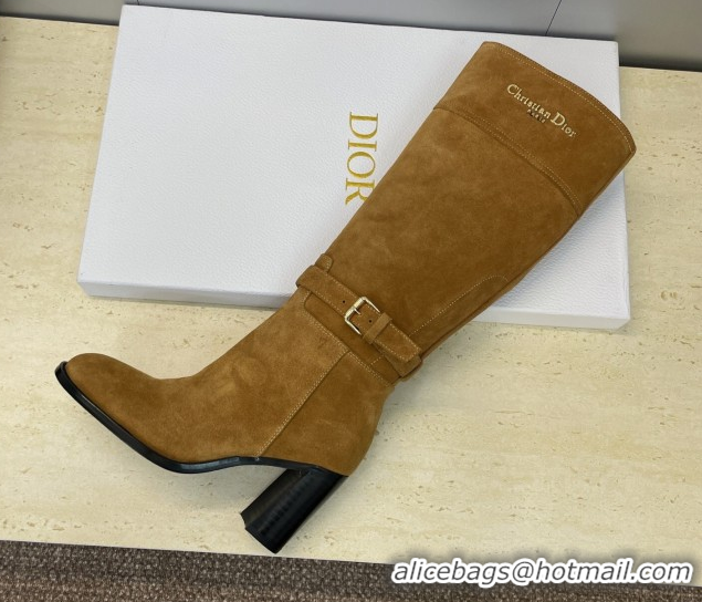 Best Product Dior D-Town Heeled High Heeled Boots 8cm in Suede with Buckle Tobacco Brown 1216135