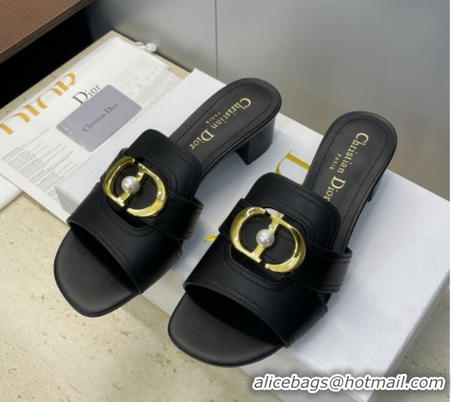 Best Price Dior 30 Montaigne Heeled Slides Sandal 4.5cm in Calfskin Leather with Pearl Black 1217001