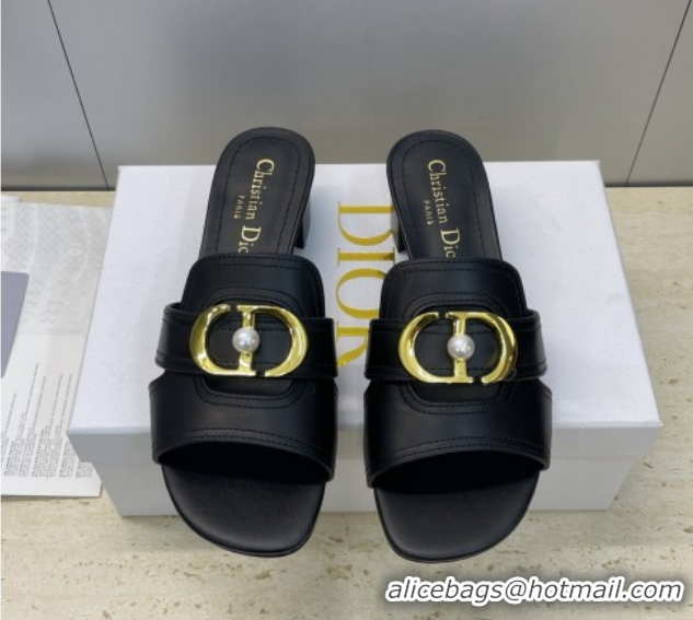 Best Price Dior 30 Montaigne Heeled Slides Sandal 4.5cm in Calfskin Leather with Pearl Black 1217001