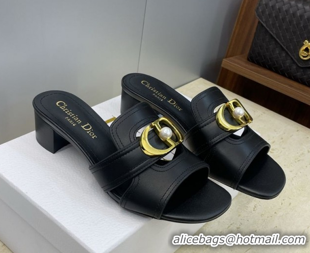 Best Price Dior 30 Montaigne Heeled Slides Sandal 4.5cm in Calfskin Leather with Pearl Black 1217001