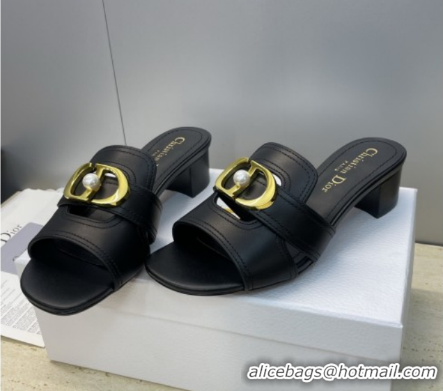 Best Price Dior 30 Montaigne Heeled Slides Sandal 4.5cm in Calfskin Leather with Pearl Black 1217001