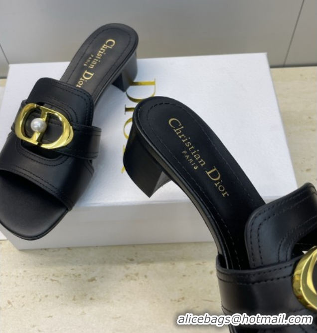 Best Price Dior 30 Montaigne Heeled Slides Sandal 4.5cm in Calfskin Leather with Pearl Black 1217001