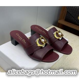Top Grade Dior 30 Montaigne Heeled Slides Sandal 4.5cm in Calfskin Leather with Pearl Dark Burgundy 1217002 