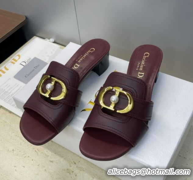 Top Grade Dior 30 Montaigne Heeled Slides Sandal 4.5cm in Calfskin Leather with Pearl Dark Burgundy 1217002 