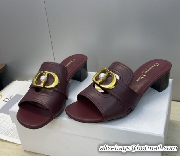 Top Grade Dior 30 Montaigne Heeled Slides Sandal 4.5cm in Calfskin Leather with Pearl Dark Burgundy 1217002 