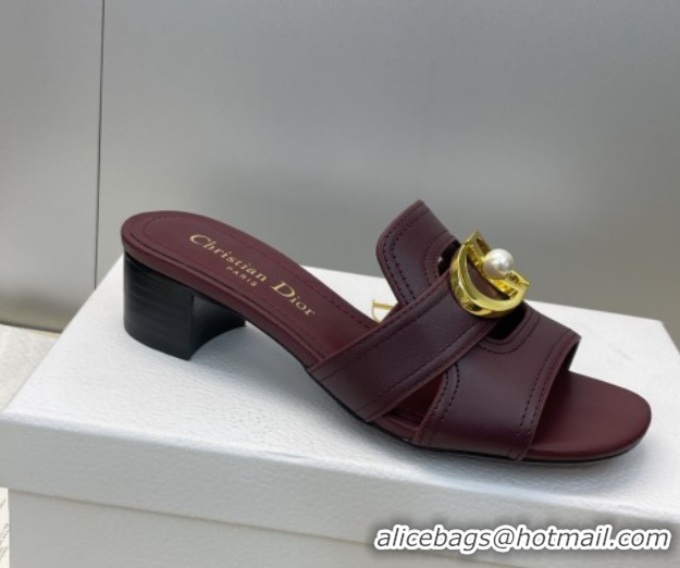 Top Grade Dior 30 Montaigne Heeled Slides Sandal 4.5cm in Calfskin Leather with Pearl Dark Burgundy 1217002 