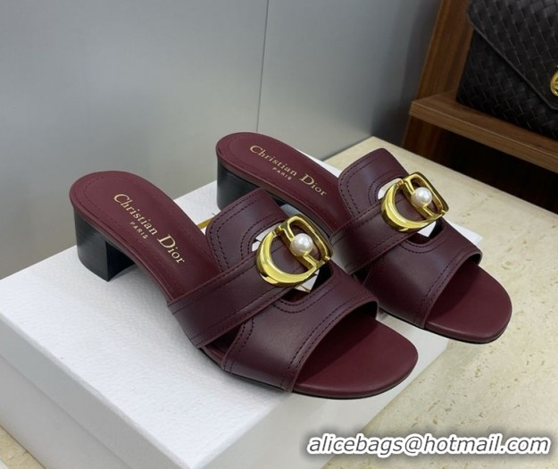 Top Grade Dior 30 Montaigne Heeled Slides Sandal 4.5cm in Calfskin Leather with Pearl Dark Burgundy 1217002 
