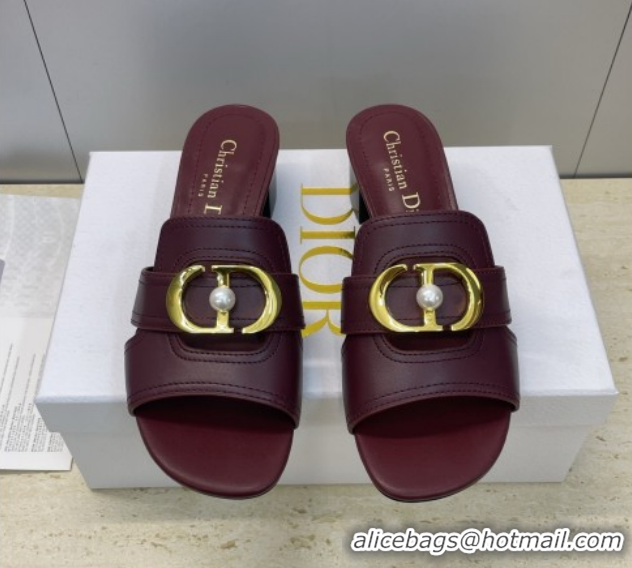 Top Grade Dior 30 Montaigne Heeled Slides Sandal 4.5cm in Calfskin Leather with Pearl Dark Burgundy 1217002 
