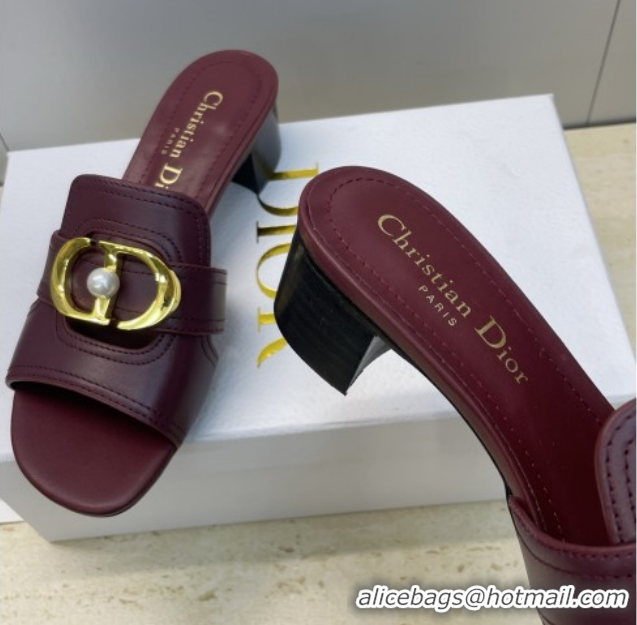 Top Grade Dior 30 Montaigne Heeled Slides Sandal 4.5cm in Calfskin Leather with Pearl Dark Burgundy 1217002 