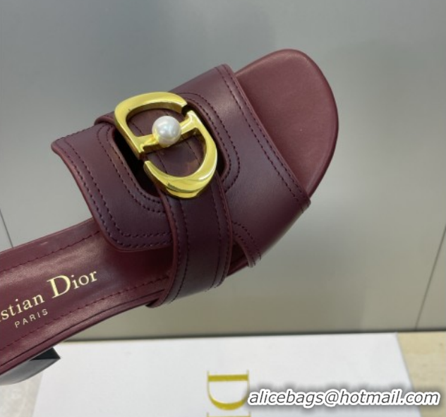 Top Grade Dior 30 Montaigne Heeled Slides Sandal 4.5cm in Calfskin Leather with Pearl Dark Burgundy 1217002 