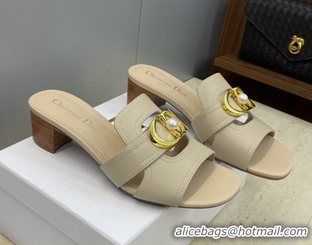 Unique Style Dior 30 Montaigne Heeled Slides Sandal 4.5cm in Calfskin Leather with Pearl Beige 1217003 