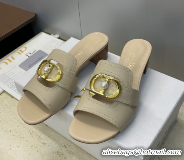 Unique Style Dior 30 Montaigne Heeled Slides Sandal 4.5cm in Calfskin Leather with Pearl Beige 1217003 