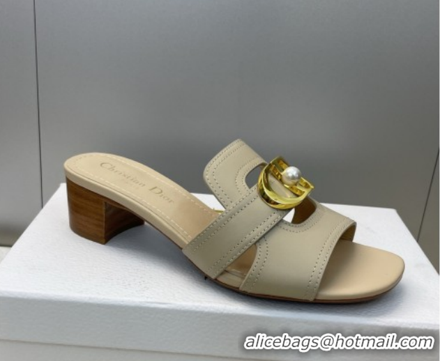 Unique Style Dior 30 Montaigne Heeled Slides Sandal 4.5cm in Calfskin Leather with Pearl Beige 1217003 