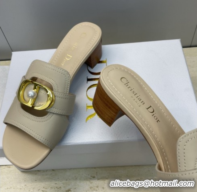 Unique Style Dior 30 Montaigne Heeled Slides Sandal 4.5cm in Calfskin Leather with Pearl Beige 1217003 