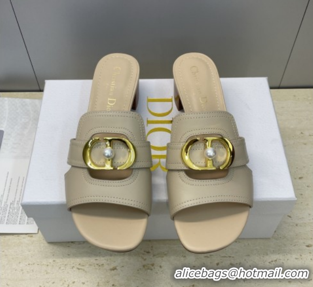 Unique Style Dior 30 Montaigne Heeled Slides Sandal 4.5cm in Calfskin Leather with Pearl Beige 1217003 