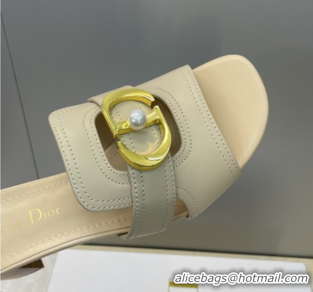 Unique Style Dior 30 Montaigne Heeled Slides Sandal 4.5cm in Calfskin Leather with Pearl Beige 1217003 