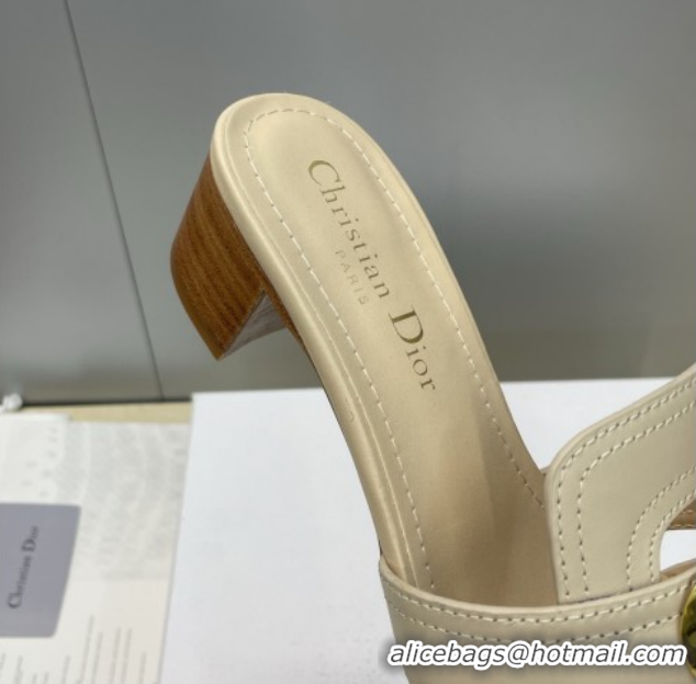 Unique Style Dior 30 Montaigne Heeled Slides Sandal 4.5cm in Calfskin Leather with Pearl Beige 1217003 