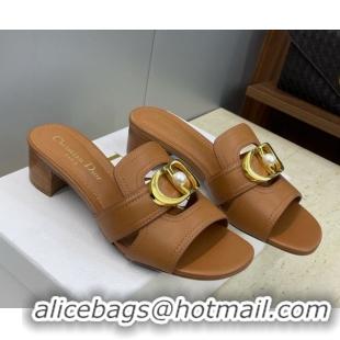 Good Quality Dior 30 Montaigne Heeled Slides Sandal 4.5cm in Calfskin Leather with Pearl Brown 1217004 