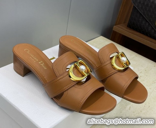 Good Quality Dior 30 Montaigne Heeled Slides Sandal 4.5cm in Calfskin Leather with Pearl Brown 1217004 