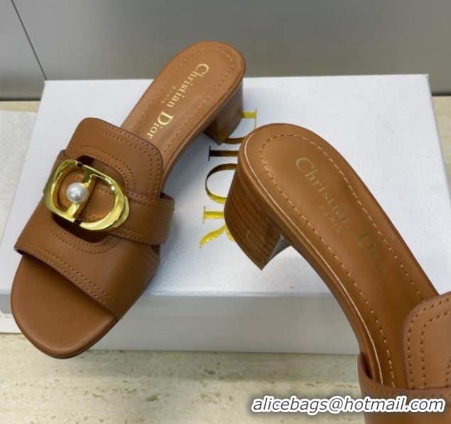 Good Quality Dior 30 Montaigne Heeled Slides Sandal 4.5cm in Calfskin Leather with Pearl Brown 1217004 