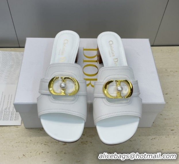 Grade Quality Dior 30 Montaigne Heeled Slides Sandal 4.5cm in Calfskin Leather with Pearl White 1217005
