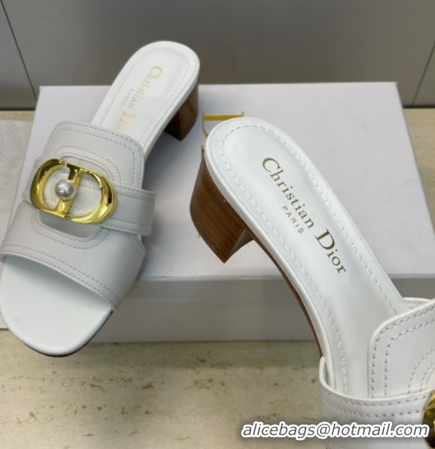 Grade Quality Dior 30 Montaigne Heeled Slides Sandal 4.5cm in Calfskin Leather with Pearl White 1217005